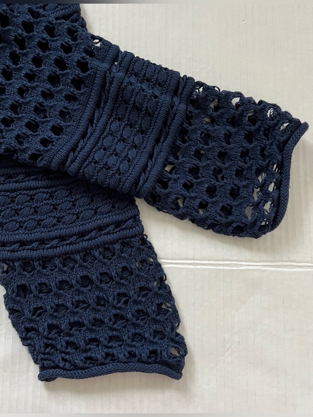 Sundance Crochet Open Knit Polo Top Navy Blue Relaxed Slouchy Sheer Medium - Picture 9 of 15
